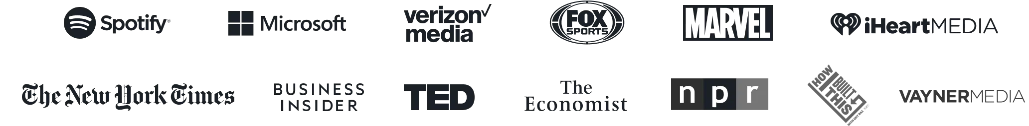 Logos of various media and technology companies including Microsoft, Hulu, Spotify, NPR, TED, and NBC.